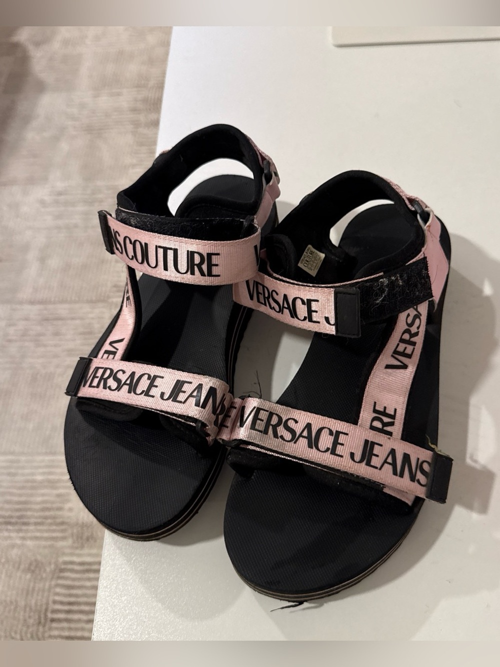 Versace Jeans Collection Pink and Black Logo Strap Sandals